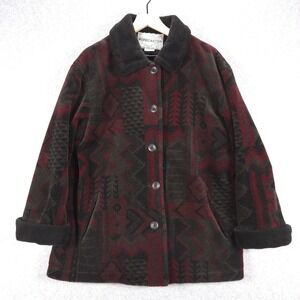 Forecaster Sport Womens Petite Medium PM Red Black Geometric Fleece Jacket Coat